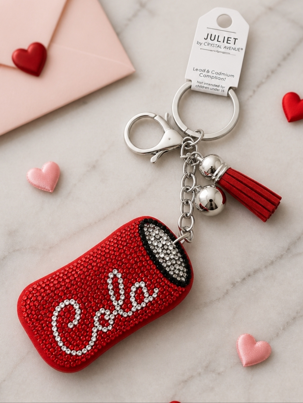 New! Red Cola Puff Keychain with Tassel And Silver Tone Hardware